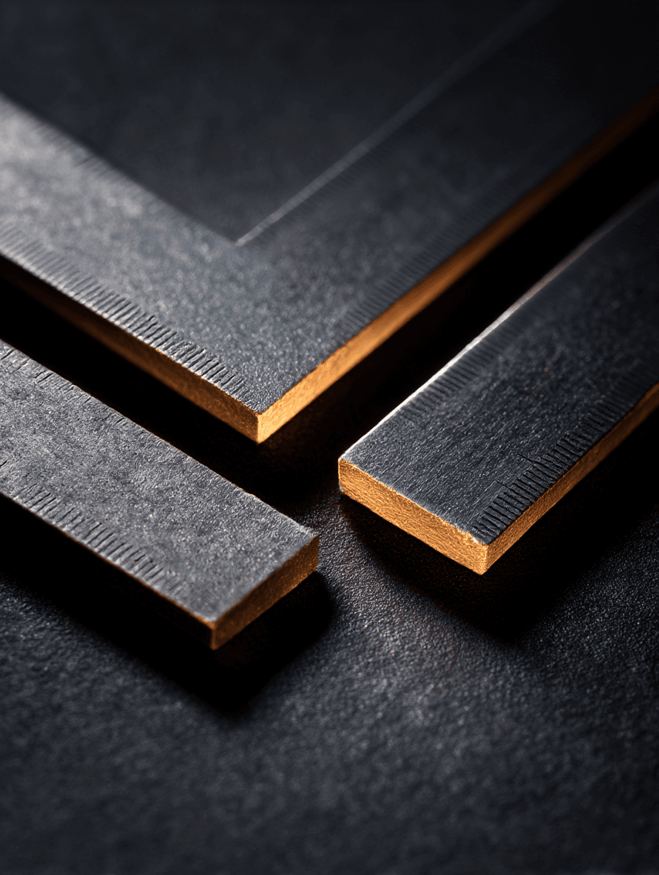 Dunkle Metalllineale mit Goldkante im rechten Winkel