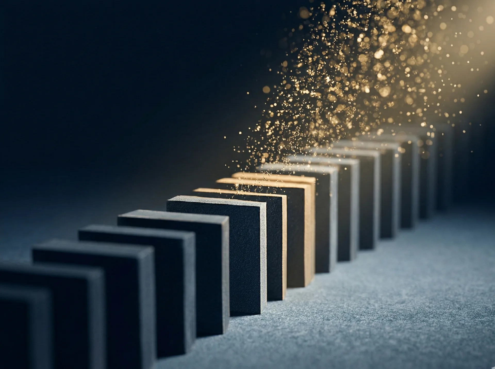 Domino-Reihe mit goldenen Funken - Auslöser-Kette